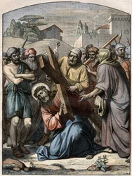 Bible Scene - Way of the Cross: Jesus helps by Simon of Cyrene (the Cyrenean). Engraving in Le Pelerin of 13 September 1896