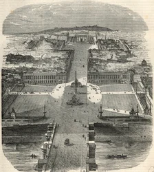 Bird view of Place de la Concorde, Rue Royale with the Church of the Madeleine - Engraving in 