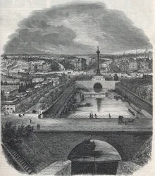 Bird view of the Canal Saint-Martin (Saint Martin), the Place and the Bastille district, taken from the right bank of the Seine - Engraving in 