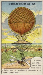 Blanchard testing his balloon equipped with parachute, rudder and oars, Grenelle, France