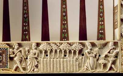 Border of a backgammon board depicting a pair of lovers, 1415