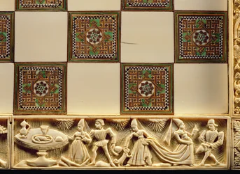 Border of a chessboard depicting courtly life, 1415