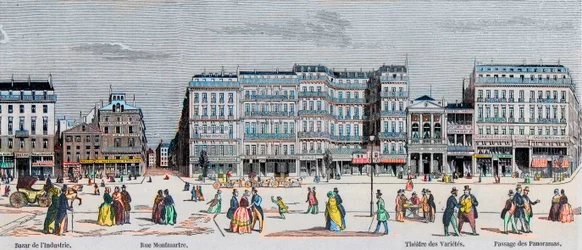 Boulevard Poissonniere and Boulevard Montmartre - Bazaar of Industry - Rue Montmartre - Theatre des Varietes and Passage des Panoramas - Engraving in 