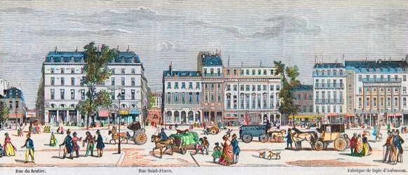 Boulevard Poissonniere south side - Rue du Sentier - Rue Saint Fiacre - Engraving in “Tableau-de-Paris” by Edmond Texier 1852