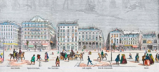 Boulevard des Italians south side - Rue Favart - Opera Comique - Rue Marivaux - Cafe Anglais - Rue Grammont - Bazaar - Engraving in 