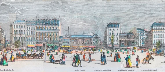 Boulevard des Italians South Side and Boulevard des Capucines South Side - Rue de Choiseul - Bains Chinois - Rue de la Michodiere - Pavillon de Hanover - Rue Louis-le-Grand - Engraving in 