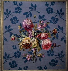 Bouquet of flowers on a blue background. Tapestry of the Aubusson manufactures. 18th century. Aubusson, Tapestry Museum