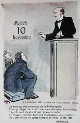 Calendar for 1914 advertising sports clothes with a caricature of the French philosopher Henri Bergson (1859-1941)