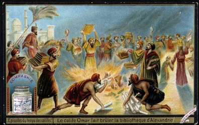 Caliph Omar burns the library of Alexandria - Liebig advertising vignette