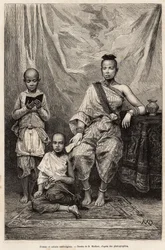 Cambodian Woman and Children (engraving after a drawing by D. Maillart, illustrating the voyage to Cochinchine by Doctor Morice, published in 