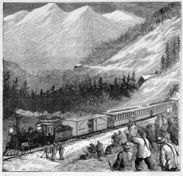 Canadian Pacific Railway in 1888 - Passage of a Train in Sierra Nevada - Engraving in Journal des Voyages 1888