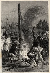 Cannibalism - Tierra del Fuego in Chile in the 19th century - engraving from 