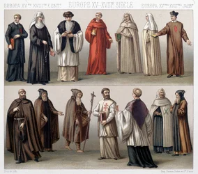 Canons of the Holy Sepulchre in Poland. Top: 17th and 18th century costumes. Bottom: costumes from the old period