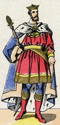 Capetian Dynasty: Portrait of Philip I of France (1052-1108), King of the Franks from 1060 to 1108. Epinal imaging from the end of the 19th century. Private collection.