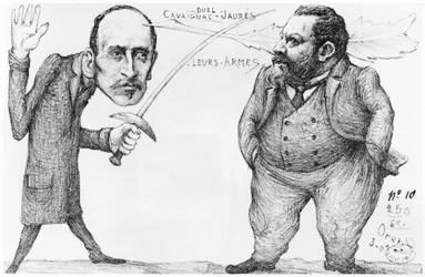 Caricature of a duel between Godefroi Cavaignac, minister of War and Jean Jaures, Socialist leader and pacifist, 1898