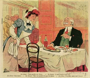 Caricature of customer and waitress in a restaurant, c.1905