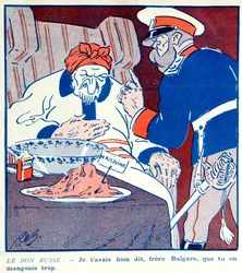 Cartoon criticising the greedy behaviour of Bulgaria over the partition of Macedonia during the Balkan Wars 1912-13