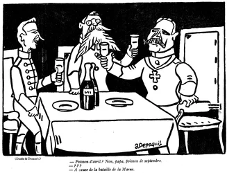 Cartoon depicting a German soldier and his father with a satirical allusion to the German disaster of the Marne, from the April Fools Day edition of La Baionette magazine, 29 March 1917