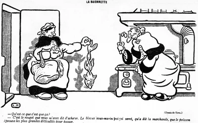 Cartoon depicting the disastrous effect of the submarine blockade on a fish bought in a French market, from the April Fools Day edition of La Baionette magazine, 29 March 1917