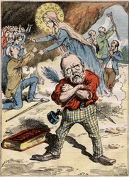 Cartoon of the writer Emile Zola who is perplexed at the devotion of the faithful in Lourdes, despite his criticism of the subject expressed in his novel Lourdes