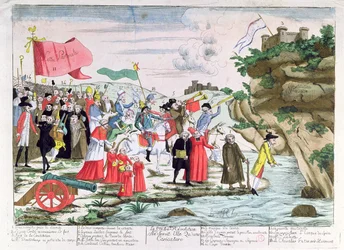 Cartoon ridiculing the French clergy and aristocrats who took refuge in Germany during the Revolution, c.1792