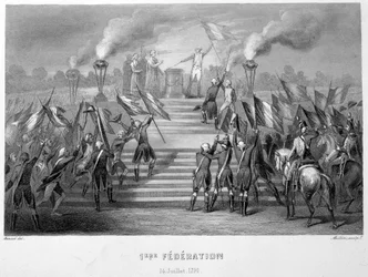 Celebration of the 1st National Federation on 14 July 1790 on the Altar of the Fatherland in Champs-de-Mars, on the occasion of the 1st anniversary of the capture of the Bastille - in “Fasttes de Gardes nationales de France”