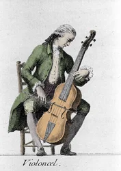Cello player. Engraving from the late 18th century