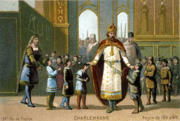 Charlemagne visits a school - chromolithography of the 19th century