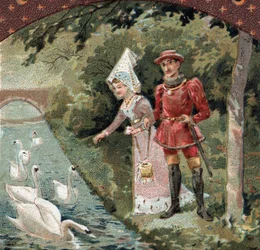 Charles VII (1403-1461) with his favorite, Agnes Sorel (known as the Lady of Beaute sur Marne) feeding swans in the park of the chateau of Savigny sur Orge. Chromolithography of the late 19th century