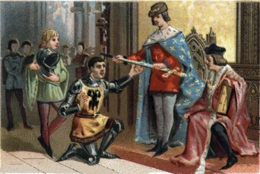 Charles V the Wise (1338-1380) solemnly handed over the sword of the constable Bertrand du Guesclin (1320-1380).