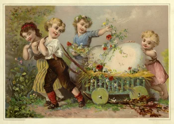 Children pulling an enormous Easter egg