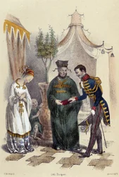 Chinese people visiting a foreign military officer; illustration for China in “The Twelve Nations” by M. E. Fouinet