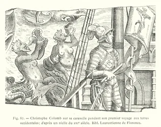 Christopher Columbus on His Caravel During His First Voyage to the Western Lands; After a Niello from the 16th Century, Laurentian Library of Florence