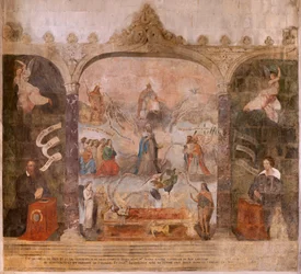 Church (Eglise Saint-Jean-Baptiste). Interior. Chapel Saint-Fursy. Mural paintings. The glorification of Mary (fresque dite de la bonne mort). Begin 17th century.