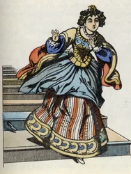 Cinderella fleeing from the ball, appears her glass shoe. Illustration of Charles Perrault