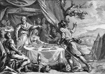 Chlodio the Long-Haired (circa 400-448), leader of the Salian Franks, learning of the surprise attack by the troops of General Aetius, Prefect of Gaul, in 432. Engraving from the 18th century.