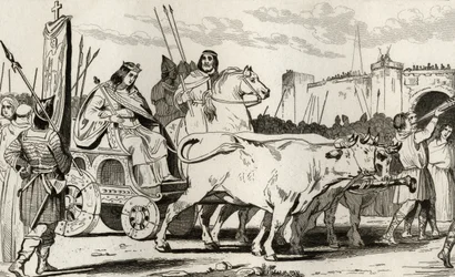 Clovis III in a Chariot Pulled by Oxen, with Pepin II of Herstal Riding Alongside Him from 