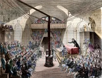 Jacobin Club - Paris, Rue Neuve-Saint-Honoré, 1789 - View of the Jacobin Club. Former convent of the Dominican Order - A session at the Jacobin Club during the Revolution of 1789 - Engraving of 1844 - French Revolution. A session with the Jacobins