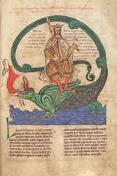 Cod. Guelf. 1 Gud. lat. 42r, Antichrist riding Leviathan, from Liber Floridus by Lambert de Saint-Omer, c. 1120