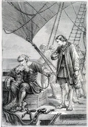 Columbus bound as a villain (on ship deck), illustration 