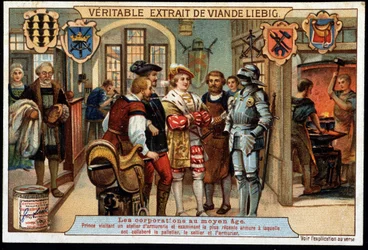 Corporations in the Middle Ages: Prince visiting an armory workshop and examining the most recent armor in which the pelletier, saddler and gunsmith worked