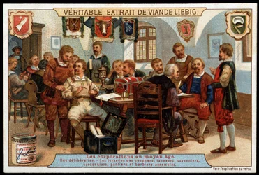 Corporations in the Middle Ages: A Deliberation of the Jurands of Butchers, Tanners, Soap Makers, Shoemakers, Gloves and Assembled Barbers - Advertising Vignette Liebig, Late 19th Century
