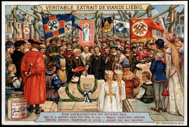 Corporations in the Middle Ages: laying the foundation stone of a town hall, masons, carpenters, locksmiths, cabinetmakers, roofers, boilermakers and glassmakers attend with their various banners - Liébig advertising vignette, late 19th century