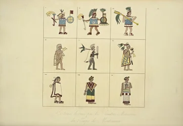 Costumes Designed by the Mexican Painters of the Time of Montezuma, Illustration from Vues des Cordillères et Monumens des Peuples Indigènes de l