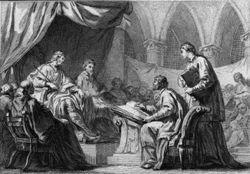 Council of Orléans, 511: Clovis I (466-511), King of the Franks, attending the Council which established cooperation between the kings of France and the Catholic Church. Engraving of the 18th century.