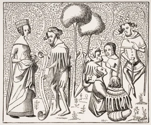 Court of Love in Provence, after a 14th century manuscript, from Le Moyen Age et La Renaissance by Paul Lacroix (1806-84) published 1847