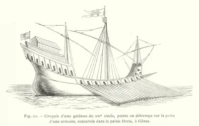 Sketch of a galleass of the 16th century, painted in tempera on the door of a cabinet, preserved in the Doria Palace, Genoa