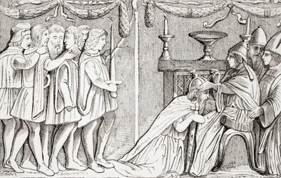 Crowning of Sigismund as Holy Roman Emperor by Pope Eugene IV in 1433, from "Universal History Ancient and Modern", published in Strasbourg c.1860
