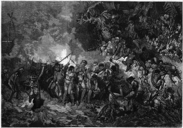Custom of New Caledonia: Pilou pilou, traditional Kanak dance. Engraving in Le Monde Illustré n°772 of 27 January 1872