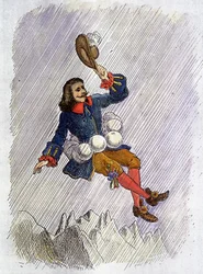 Cyrano de Bergerac ableve by his vials, illustration of the novel by Cyrano de Bergerac: 